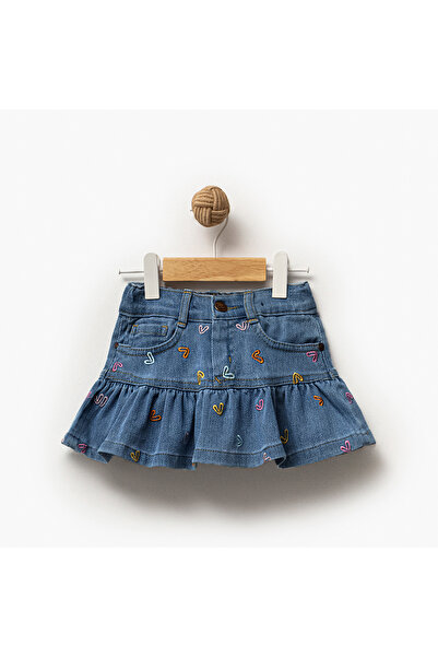 Overdo Kız Çocuk Kalp Nakışlı Kot  Etek