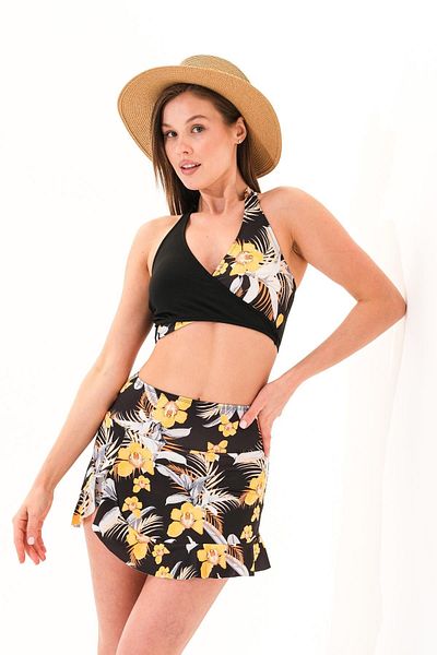 Signature Style 725714_Women's Hawaiian Print Flounce Shorts Skirted Crisscross Cross-Crop Sea/Pool Swimwear