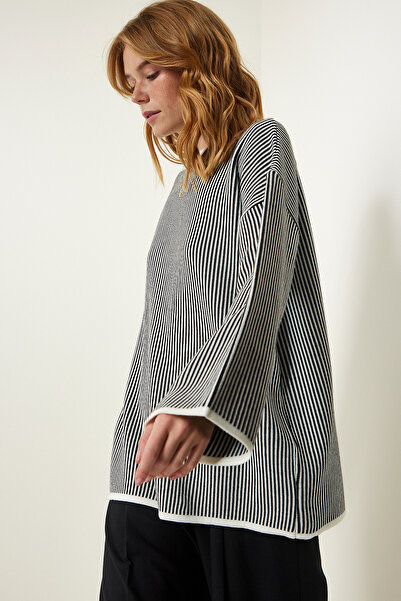 Lovelyİstanbul Pulover de tricotaj oversize cu dungi alb-negru - Lyy0021