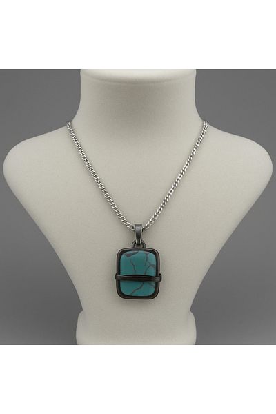 İNTERTAKI Men's Steel Necklace |   Turquoise Stone Rectangular Pendant |   Black Frame |   The Meeting of Elegance and Style