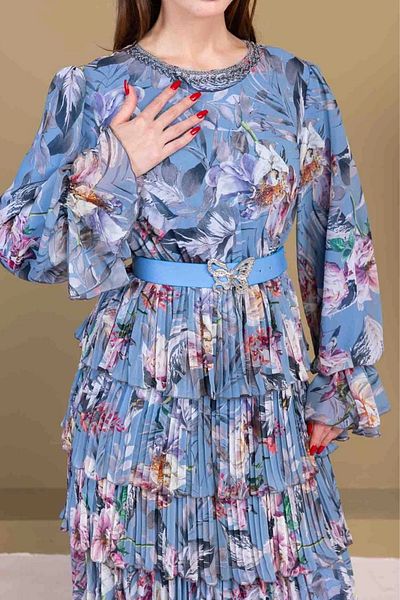 lodmela Layered Pleated Chiffon Dress 2718-Indigo