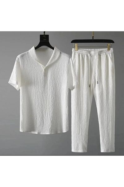 BRLKN Boyfriend Fit Seersucker Fabric Alacati Style Unisex Bürümcük T-Shirt Tracksuit Set