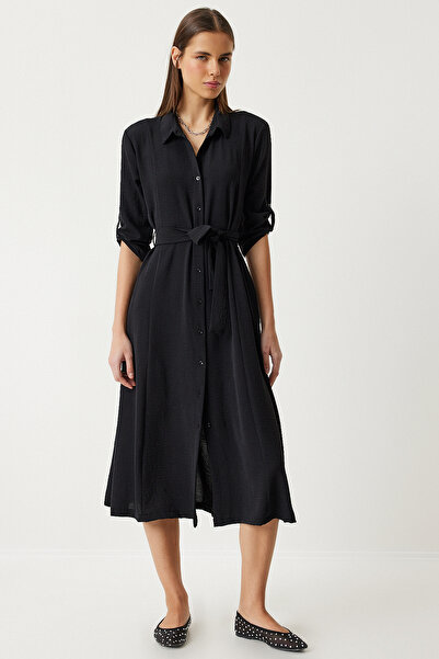 Lovelyİstanbul Μαύρο φόρεμα πουκάμισο ελαφρύ - με ζώνη, Ldd0006