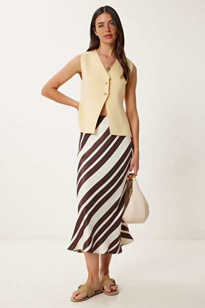 Lovelyİstanbul Μίντι Σατέν Φούστα με σχέδιο ΚΡΕΜΑ ΚΑΦΕ LHC0008