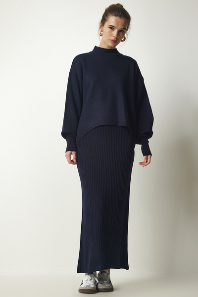 Lovelyİstanbul Rochie pulover din tricot cu nervuri bleumarin - Lkg0003