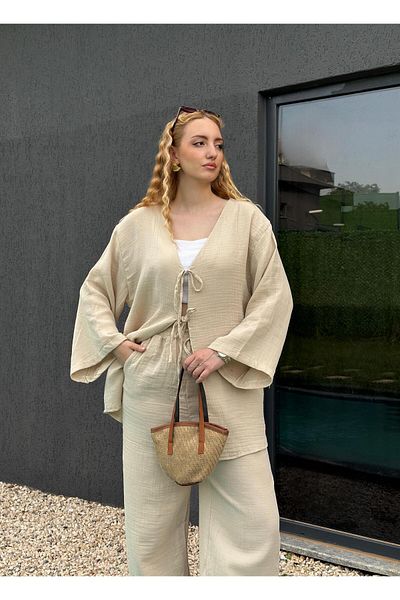FİOXCO Ferina Premium Muslin Front Tie Beige Kimono Set