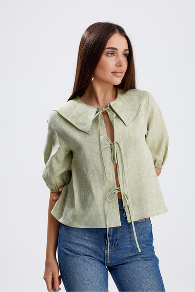 COLLECTİON Aria Dokumalı Keten Bebe Yaka Önden Bağlamalı Bluz