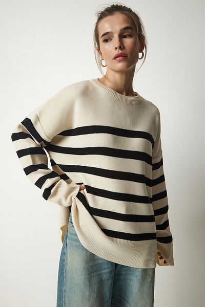 Lovelyİstanbul Pulover oversize din tricotaje cu dungi negre - Lyy0034