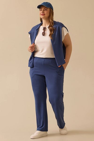 Gala-Xi Galaxi Women's Plus Size Elastic Waist Wide Leg Trousers 4015 Blue