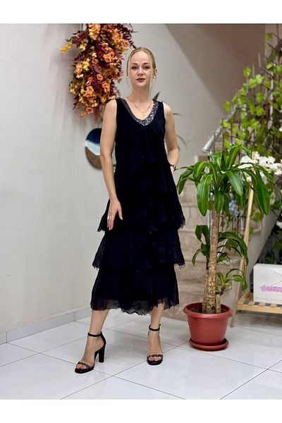 Punta Nc61460 Italian Strap Neckline Sequin Ruffle Silk Dress Black