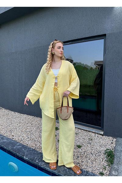 FİOXCO Ferina Premium Muslin Front Tie Pastel Yellow Kimono Set
