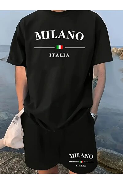 LAND MODA Milan English Letter Pattern Men's Short Sleeve + Shorts Casual Spo...
