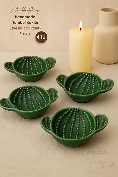 Anadolu Saray 4-Piece Chubby Cactus Design Handmade Ceramic Serving Presentation Bowl Sauce Bowl Jam Bowl Catering Bowl