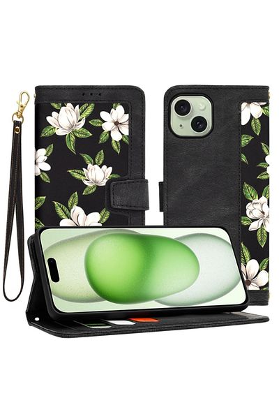 SKYDDAR INNOVATION Husă pentru iPhone 15 Plus, portofel floral, din piele ecologică, protecție 360°, neagră, set autocolante