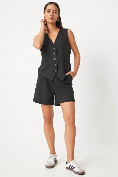 Lovelyİstanbul Μαύρο Σετ γιλέκο και σορτς με λαιμόκοψη - Lto0018