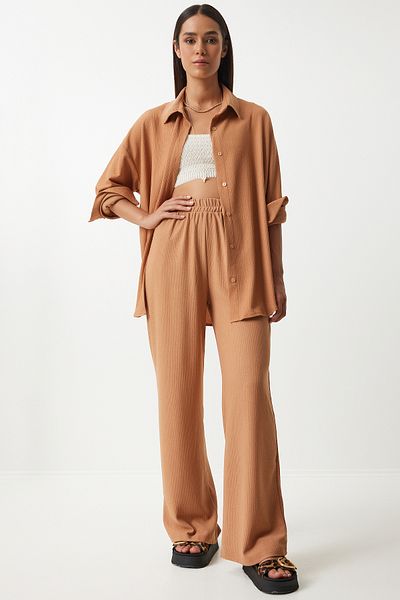 Lovelyİstanbul Comfortable Knitted Shirt and Trousers Set - Biscuit Lkh0001