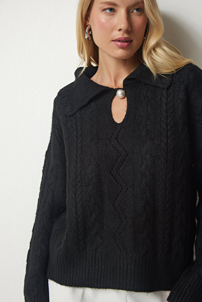 Lovelyİstanbul Pulover Tricotaj Motiv Nasturi Perle Negru Lbv0018