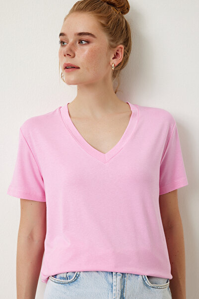Lovelyİstanbul Ροζ μπλουζάκι βισκόζης με λαιμόκοψη V - Len0001