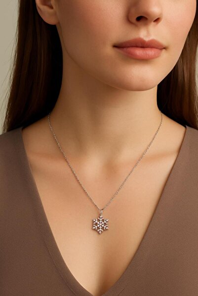 Arzu Butik Women's Snowflake Necklace - Elegant Silver Color Sparkling Design