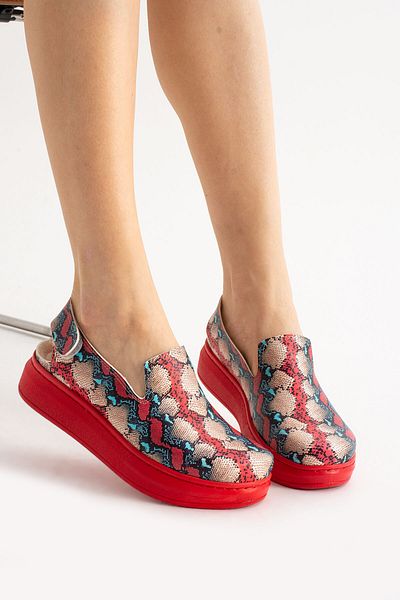 DOGİYE 1039 Colorful Snakeskin Velcro Red Sole Platform Sandals