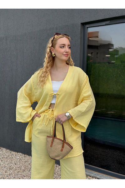 FİOXCO Ferina Premium Muslin Front Tie Pastel Yellow Kimono Set