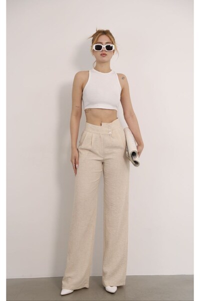 spirituel Pantaloni de damă din in Palazzo cu picioare largi, talie asimetrică, pantaloni strânși