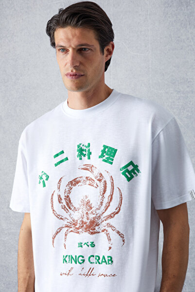 GRIMELANGE Ανδρικό λευκό μπλουζάκι CRAB με κανονική εφαρμογή