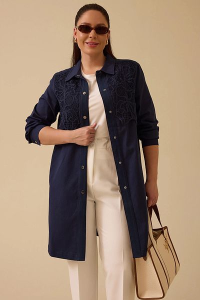 Gala-Xi Galaxi Women Plus Size Shirt Collar Embroidered Cap 4007 Navy Blue