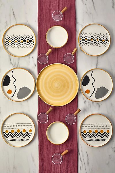 WuuQ 15 Piece 6-Person Axial Stackable Breakfast Set Breakfast Presentation Set Plate with Sauce Bowl