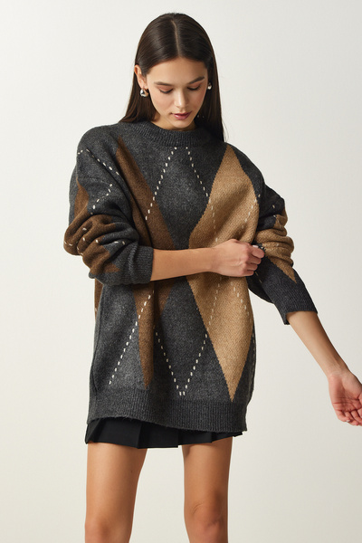 Lovelyİstanbul Premium Baklava Desenli Oversize Triko Kazak Antrasit Lfn0011