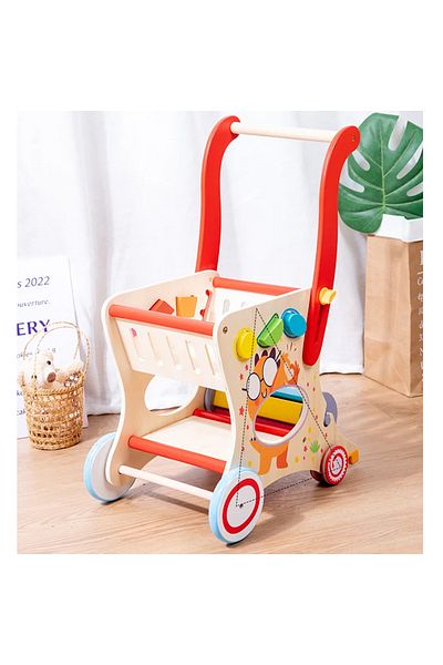 OEM Carucior, premergator si cos de cumparaturi pentru copii, din lemn, Montessori, 3 in 1
