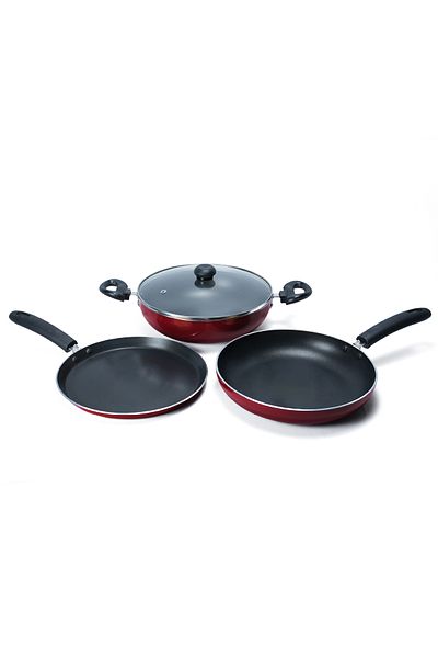 İMPEX Impex Migo 4Piece Nonstick Cookware Set–Maroon-Kadai, Tawa, FryPan&Glass Lid-Heatproof Handles-FKTM