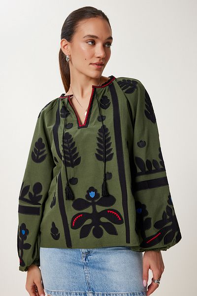Lovelyİstanbul Κέντημα Κεντημένη Υφαντή Μπλούζα Oversize KHAKI LES0022