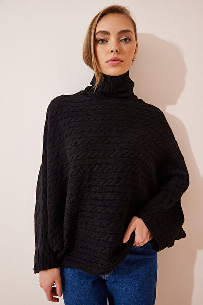 Lovelyİstanbul Pulover Poncho Tricotat Oversize - Gât, Negru, Lus0011