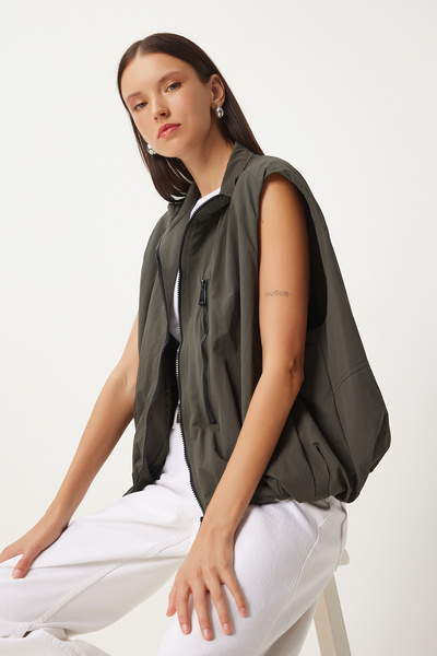 Lovelyİstanbul Γιλέκο με όρθιο γιακά με ελαστική μέση Khaki Lrg0008