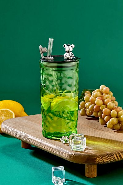 Espas Home Teddy Bear Figured - Soft Drink / Glass Cup / 420 ml / Glass Straw Gift / Green - Single