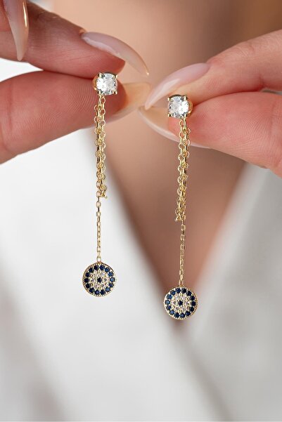 Nereze 925 Ayar Gümüş Gold Kaplama 5 Mm Tektaş Sallantılı Zincir Nazar Küpe