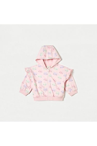 Juniors All-Over Cat Print Hooded Sweatshirt With Ruffle Detail And Zip Closure