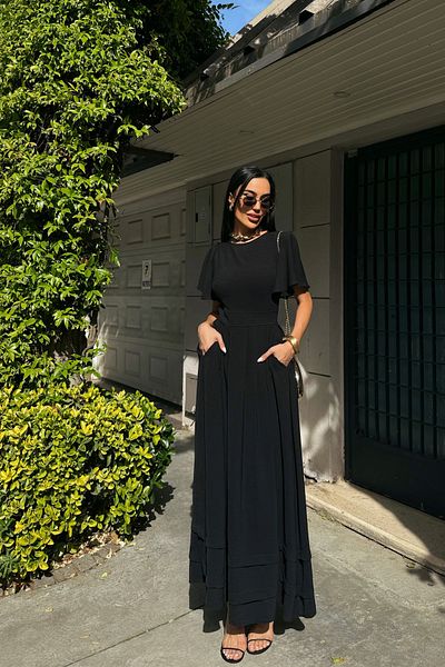 Seda Yalçın Atelier Black Draped Sleeves Dress with Cinched Waist