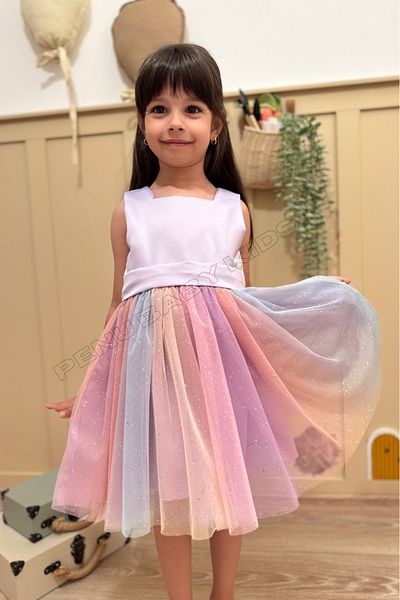 penu baby kids Top liliac cu fundul din satin mat, fustă din tul cu sclipici, cu detaliu de panglică, rochie pentru fetiță - curcubeu
