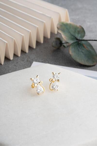 Nereze 925 Ayar Gümüş Gold Kaplama Beyaz Zirkon Taşlı Kedi Küpe