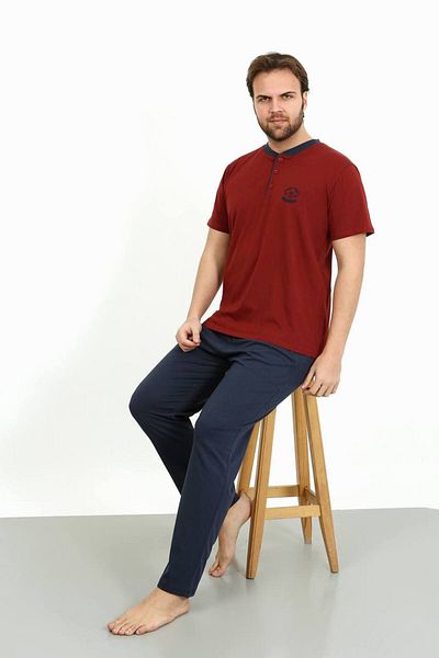 dealp Men's Navy Blue 100% Cotton Pocket Collar Button Embroidery Embroidered Summer Pajama Set