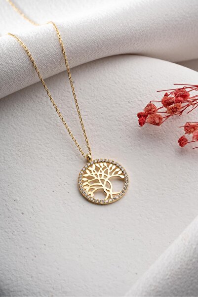 Nereze 925 Ayar Gümüş Gold Kaplama Hayat Ağacı Kolye