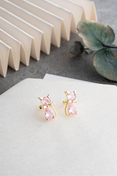 Nereze 925 Ayar Gümüş Gold Kaplama Pembe Zirkon Taşlı Kedi Küpe