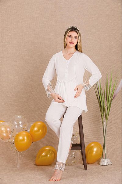 LADY'ES Ecru Lace Detailed 2-Piece Maternity/Maternity Set