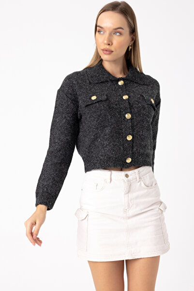 Azef Gri Gold Düğme Detaylı Cepli Crop Hırka
