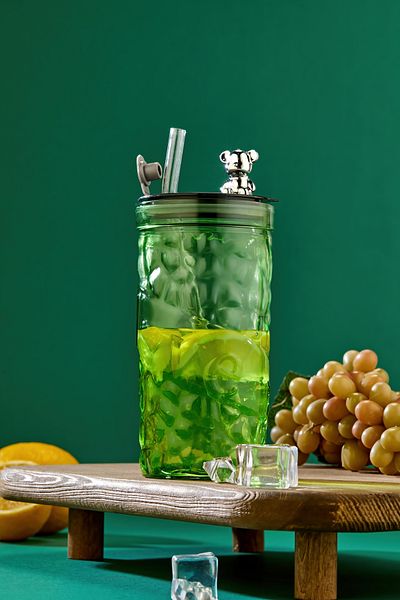 Espas Home Teddy Bear Figured - Soft Drink / Glass Cup / 420 ml / Glass Straw Gift / Green - Single