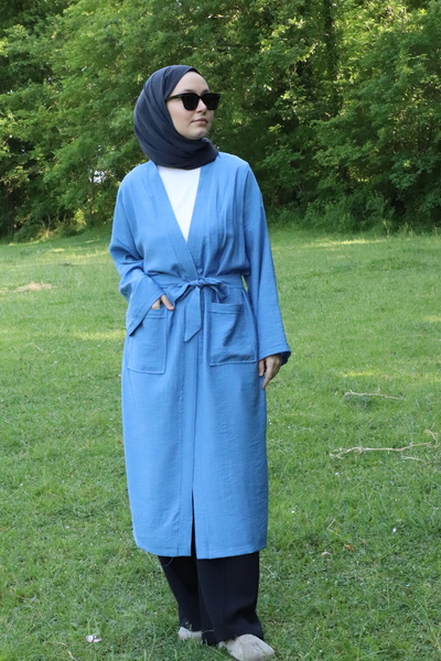 ilmek 5301 Жіночий довгий кімоно з кишенями та поясом, індиго