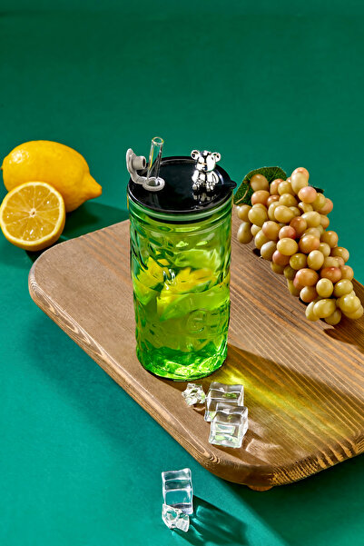 Espas Home Teddy Bear Figured - Soft Drink / Glass Cup / 420 ml / Glass Straw Gift / Green - Single