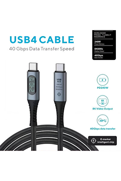 Daytona ZR850 LED 240W USB 4.0 40GBPS 8k Thunderbolt Görüntü Aktarım ve Hızlı Şarj Kablosu 1 Metre